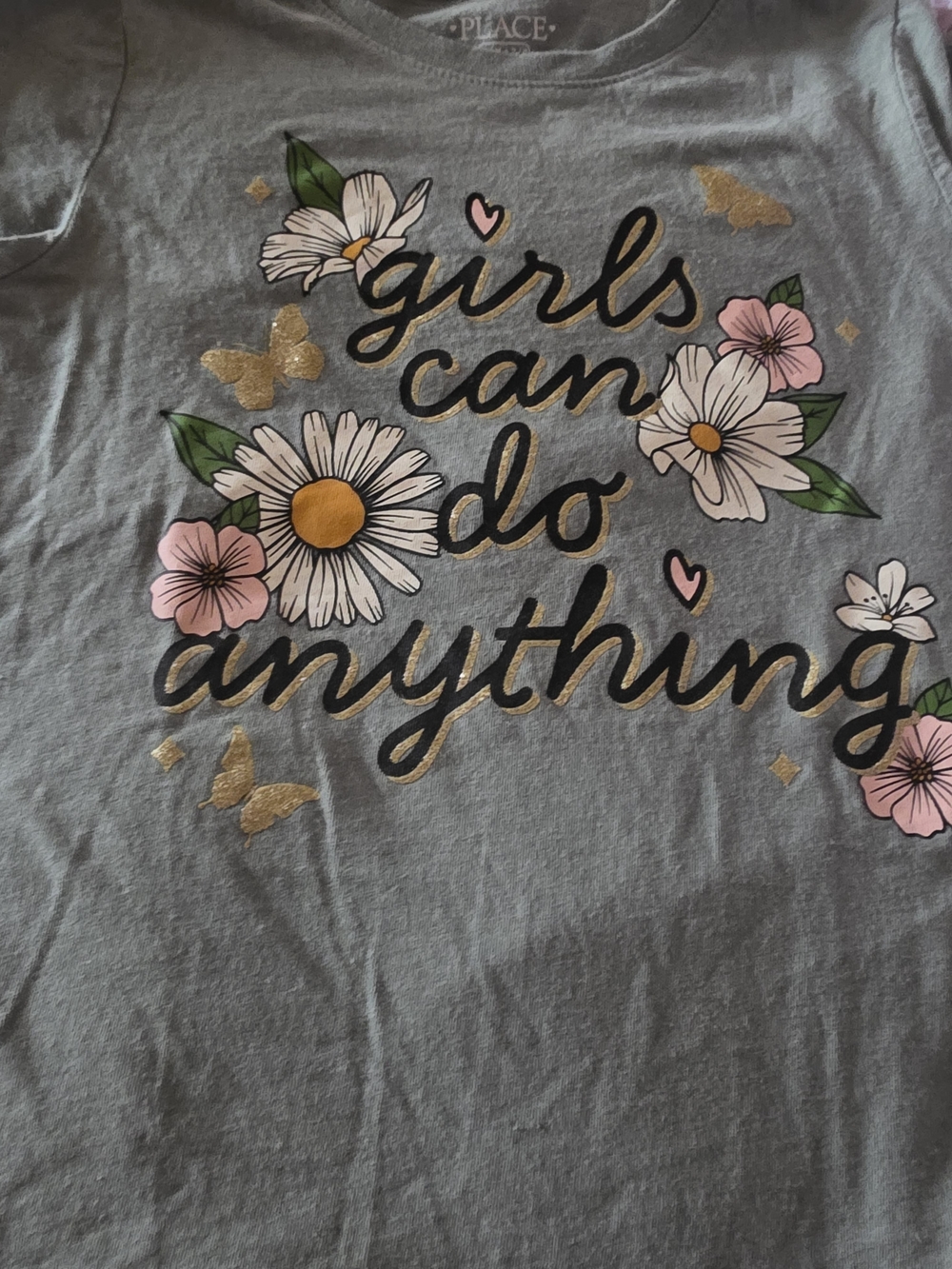 Place Girls 'Girls Can Do Anything' Gray Tee with Floral & Gold Accents